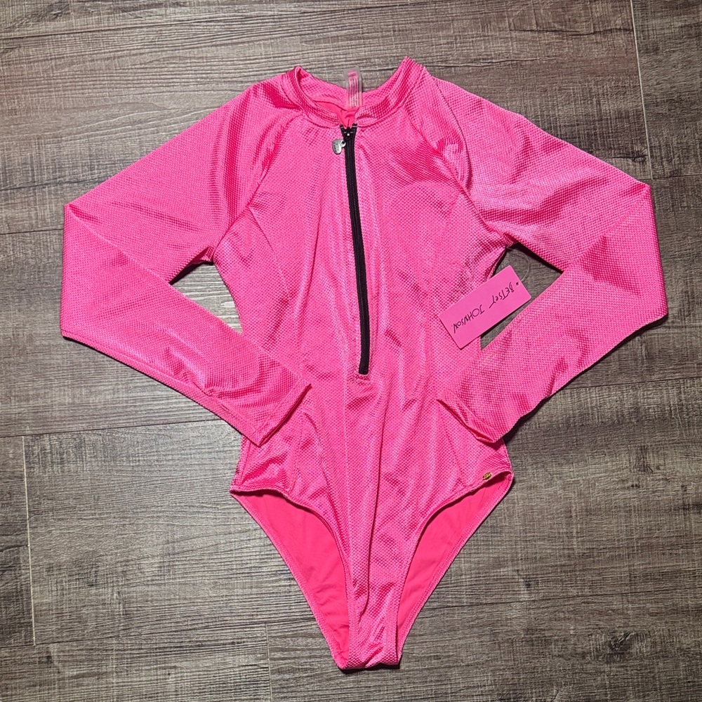 NWT Betsey Johnson Scuba Knit Half Zip Long Sleeve One-Piece Swimsuit